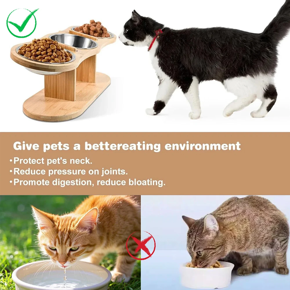 Comedero elevado para mascotas de 3 tazones, soporte elevado de madera con cuencos de acero inoxidable para interiores, gatos y perros pequeños, cuencos para comer saludable para mascotas - imagen 4