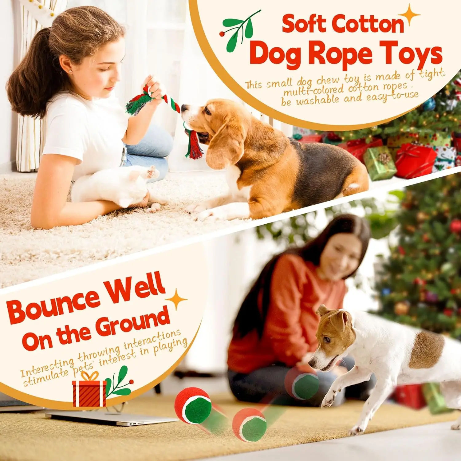 Juego de juguetes navideños para perros pequeños, pelota de juguete chirriante para vacaciones de Navidad y cuerda, juguetes interactivos para masticar para cachorros con Reno de Papá Noel, 6 uds. - imagen 4