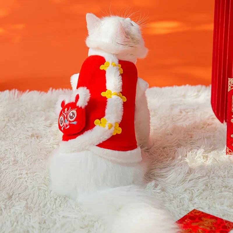 Traje Tang de danza del león de Año Nuevo, chaleco para cachorro y perro, abrigo acolchado de algodón de dos patas para Año Nuevo Chino festivo, ropa para Gato - imagen 2