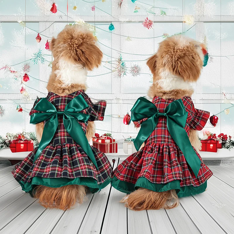 Vestido navideño a cuadros para perros pequeños/medianos con lazo grande, terciopelo cálido, S-XL, traje navideño para mascotas para perros