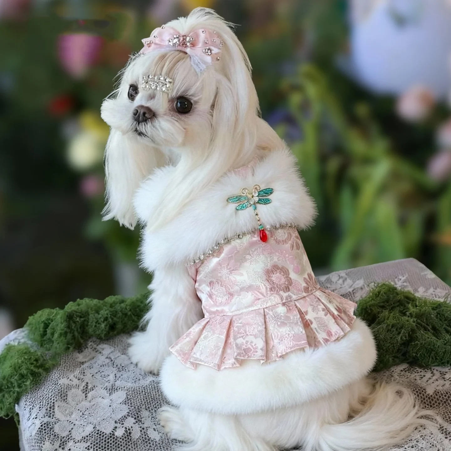 Vestidos de invierno de estilo chino para perros pequeños, vestido de princesa de piel esponjosa para perros, vestido de boda para mascotas, ropa Formal para fiesta de cumpleaños para cachorros - imagen 3