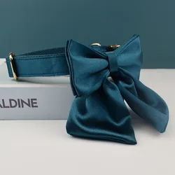 Collar de perro de tela con grabado gratis, conjunto de correa para Collar para mascotas medianas y grandes con pajarita, Collar con nombre de color caqui Crystal02