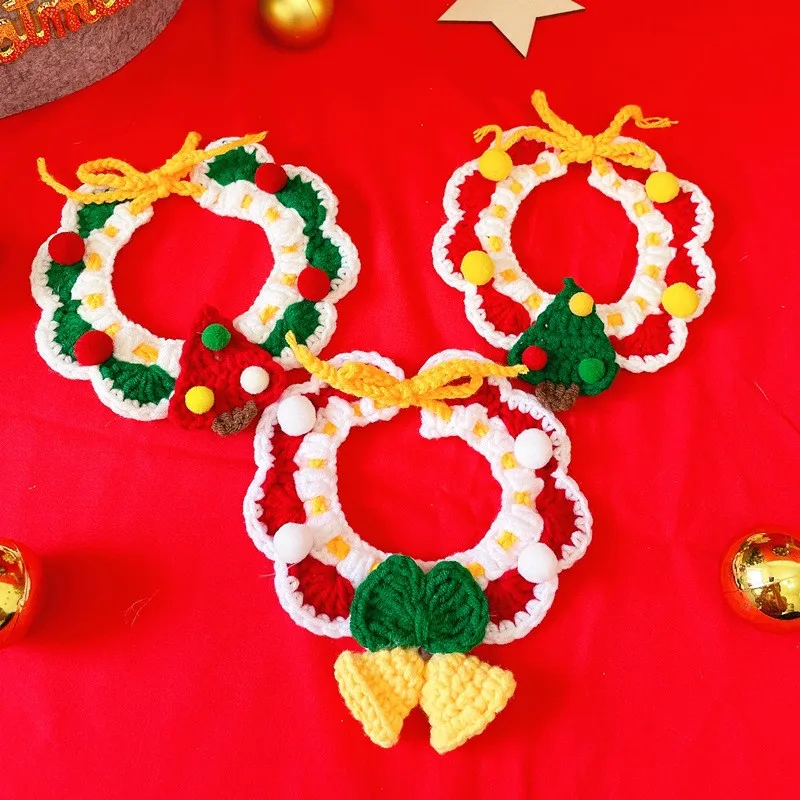 Collar de punto navideño para perros y gatos, Collar para mascotas, bufanda para gatos, accesorios para mascotas de Año Nuevo, Collar con campana de flores - imagen 4