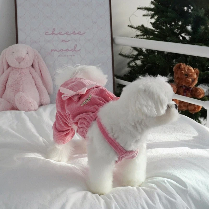 Monos de pana para mascotas, mono con lazo de mariposa, ropa de dos patas para cachorros de otoño e invierno, pantalones de cuatro patas para gato de peluche - imagen 3