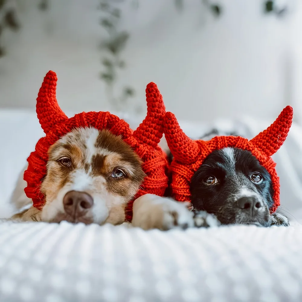 Disfraz de perro diablo rojo, redecilla de ganchillo cálida para mascota, gorro de punto con cuernos divertidos para perro, protección para cubrir las orejas y el cuello, Halloween y invierno - imagen 4