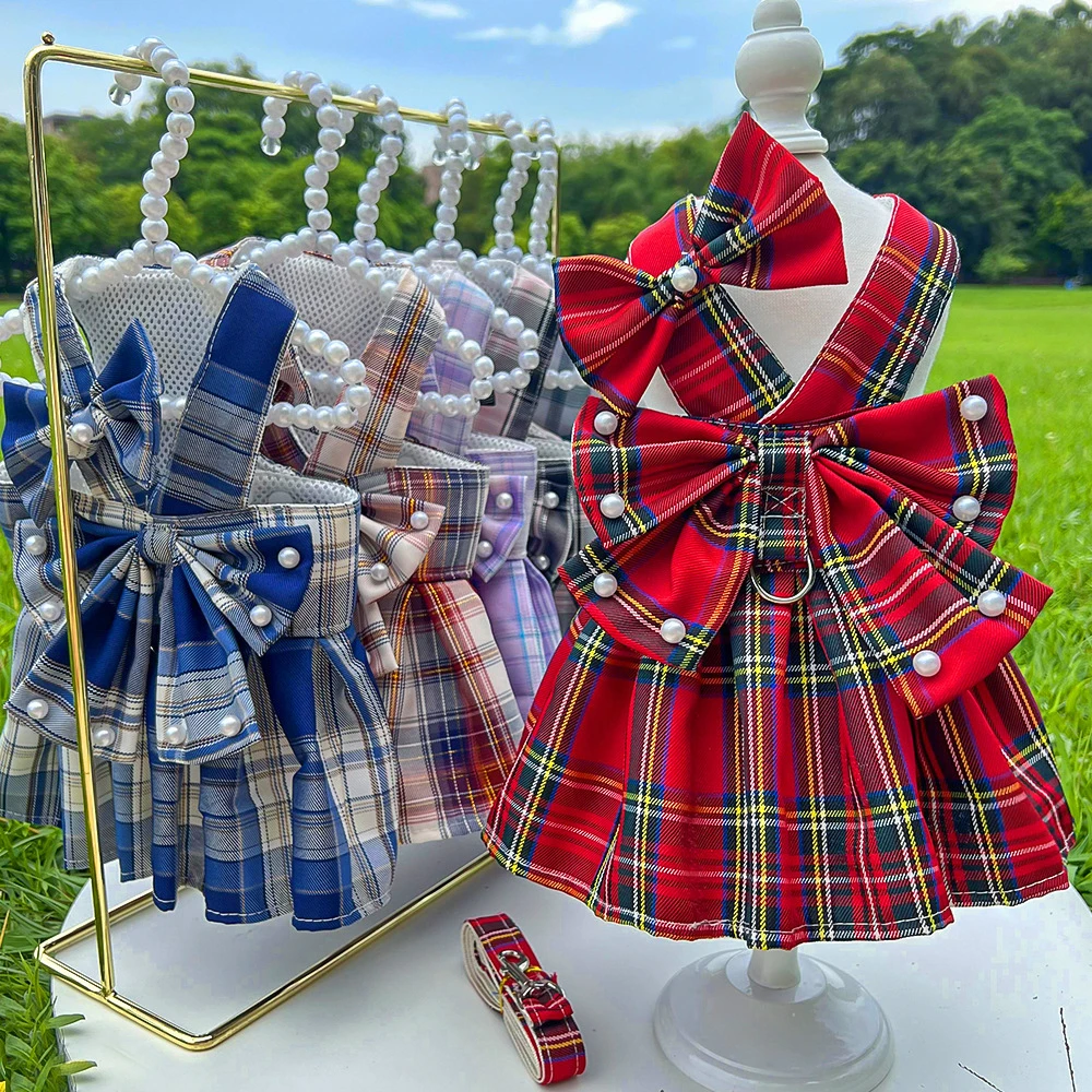Conjunto de arnés y correa para mascota, vestido a cuadros para perro, gato y perro, disfraz de fiesta de vacaciones, ropa para mascotas con lazo, vestidos de princesa para cachorros, Verano - imagen 3