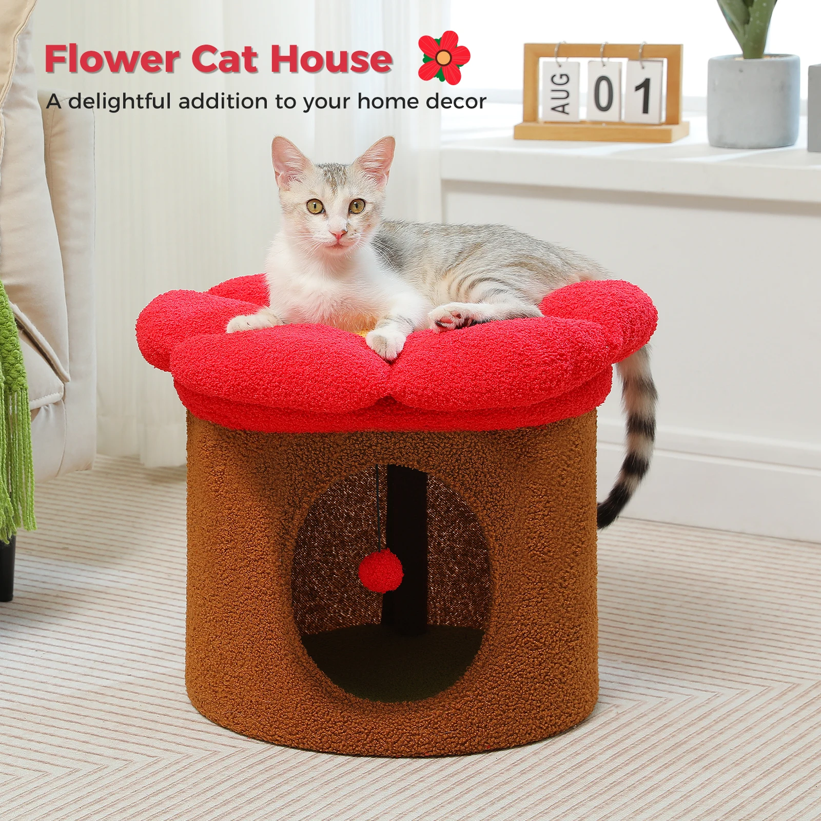 Condominio para gatos de dos pisos para casa de gatos de interior con pompones Cama grande para gatos con percha de flores suave Condominio acogedor y espacioso para gatos múltiples - imagen 4