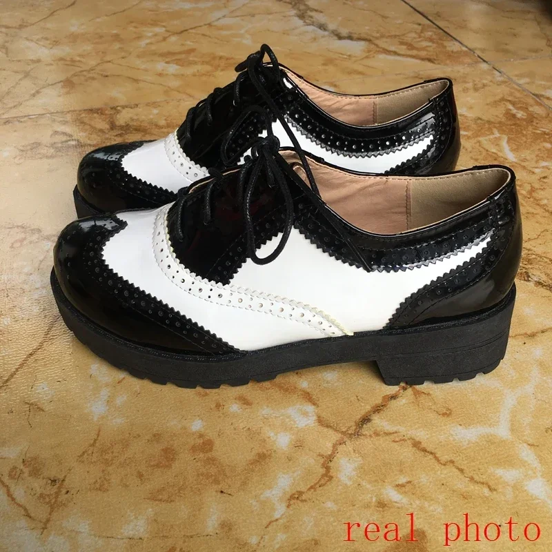 Zapatos brogue de estilo británico para mujer, calzado informal Oxford con punta redonda y punta de ala de colores mezclados atados cruzados, zapatos - imagen 4