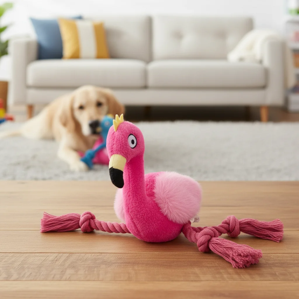 Juguete peluche flamenco para perro con cuerda y sonido chirriante - imagen 2