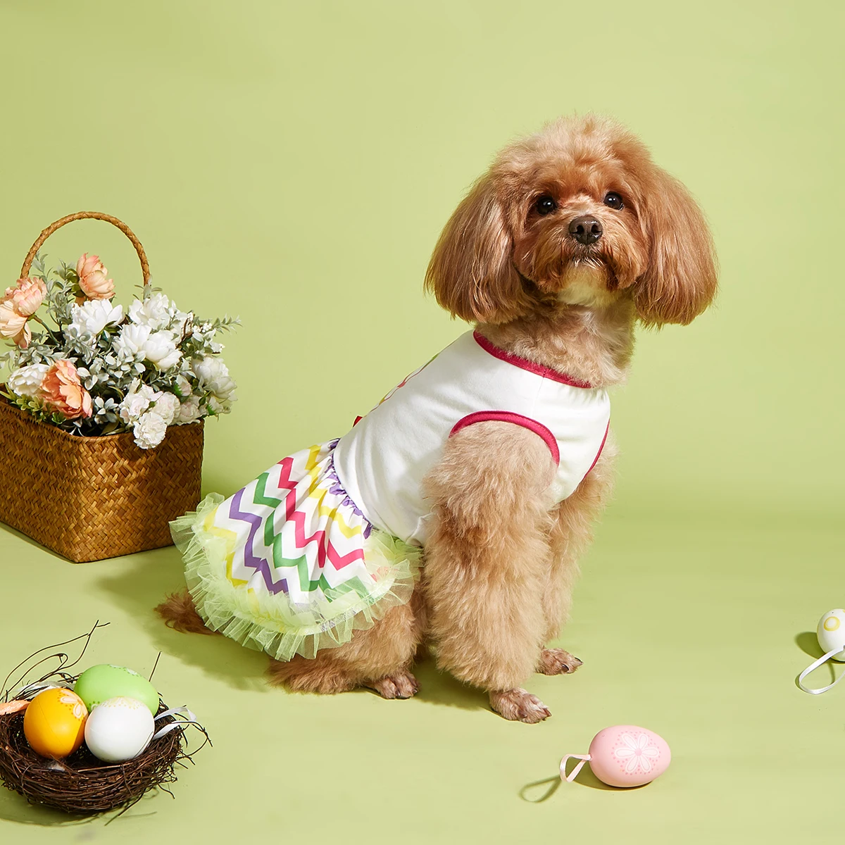 Vestido de Pascua para mascotas con huevo y lazo coloridos, falda de tul arcoíris, cintura elástica, lindo traje para cachorros, ropa de moda para perros pequeños - imagen 2