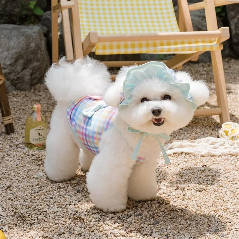 Camiseta con estampado a cuadros para mascotas, camiseta de Color para perro, camiseta sin mangas, falda, traje de baño, suministros de ropa para perros pequeños y medianos, sombreros - imagen 4