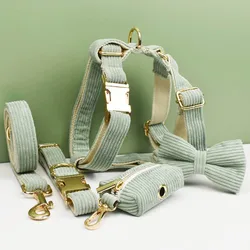 Conjunto collar y correa de pana verde con placa grabada para perros