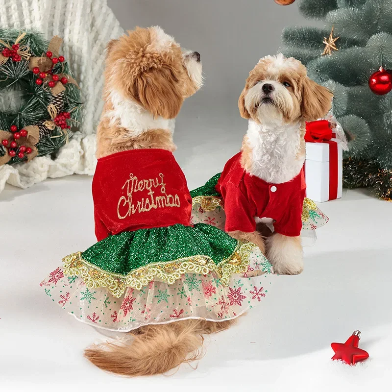 Ropa de fiesta cálida S-XL vestido navideño para perros tutú de terciopelo con purpurina y encaje, traje de invierno rojo/verde para mascotas para perros pequeños y medianos, - imagen 2
