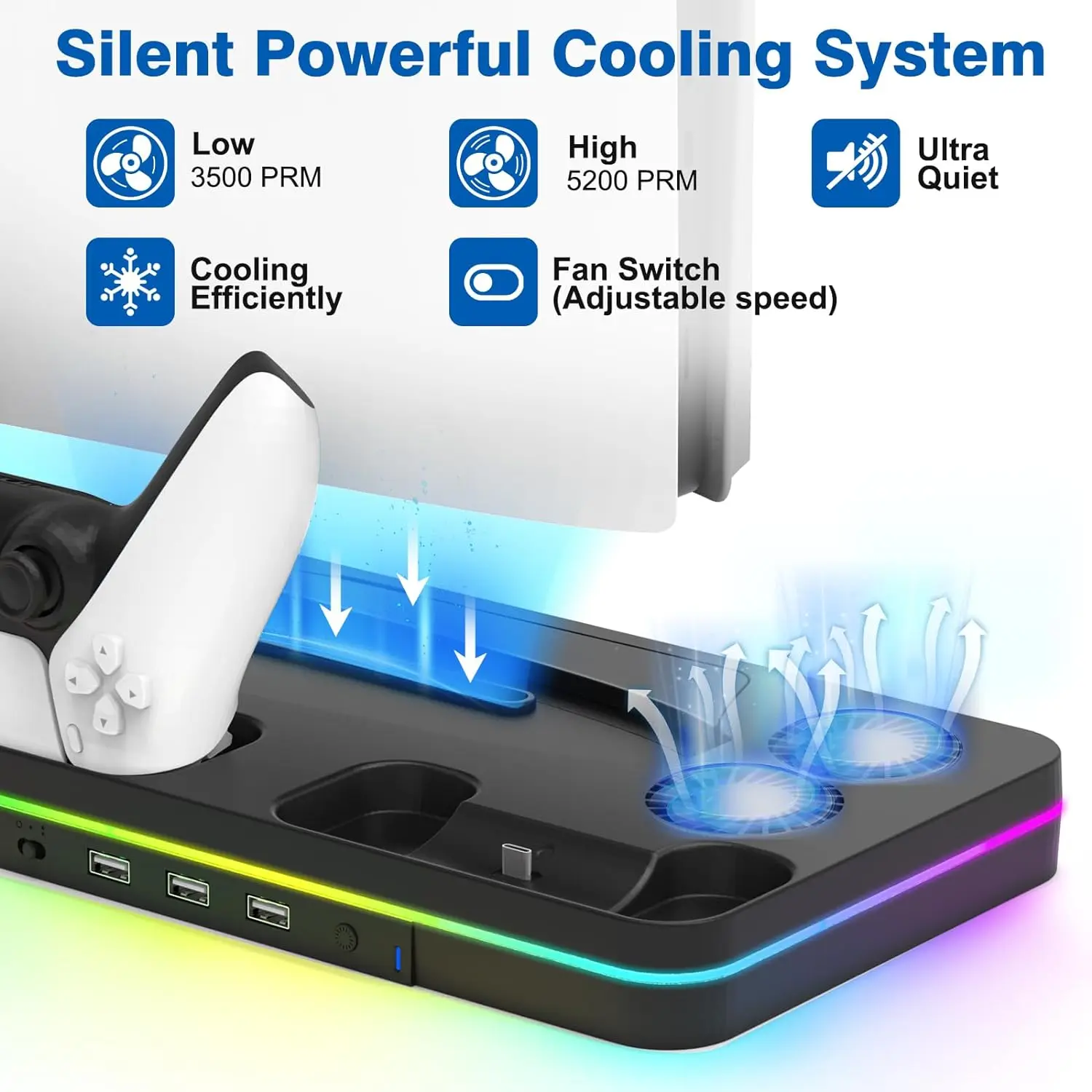 Estación de refrigeración para consola Ps5 Slim, accesorios de soporte con 2 ventiladores de refrigeración y 2 controladores de carga St, disco y edición Digital - imagen 2