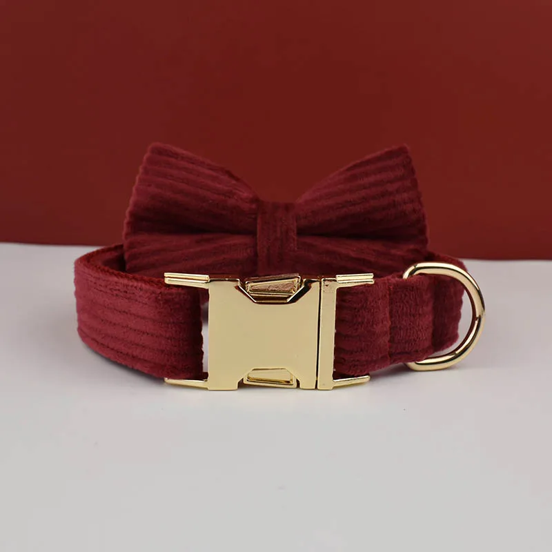 Juego de Collar y correa para perro de pana roja vino para perros, placa con nombre grabada personalizada, suministros para mascotas, correa para perro de pana 13 - imagen 4