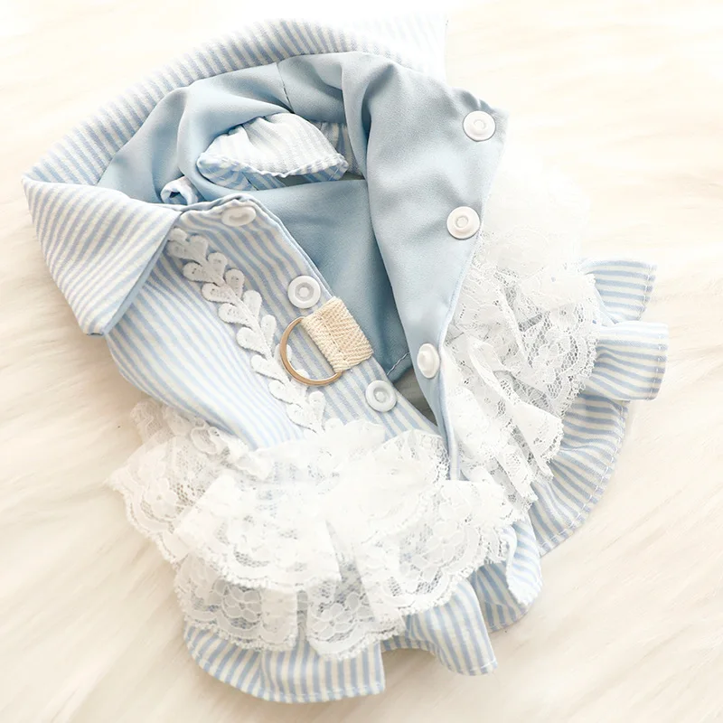 Elegante vestido de princesa a rayas transpirable de primavera y verano, camisa de gato a rayas con encaje delicado, perfecto para perros pequeños - imagen 3