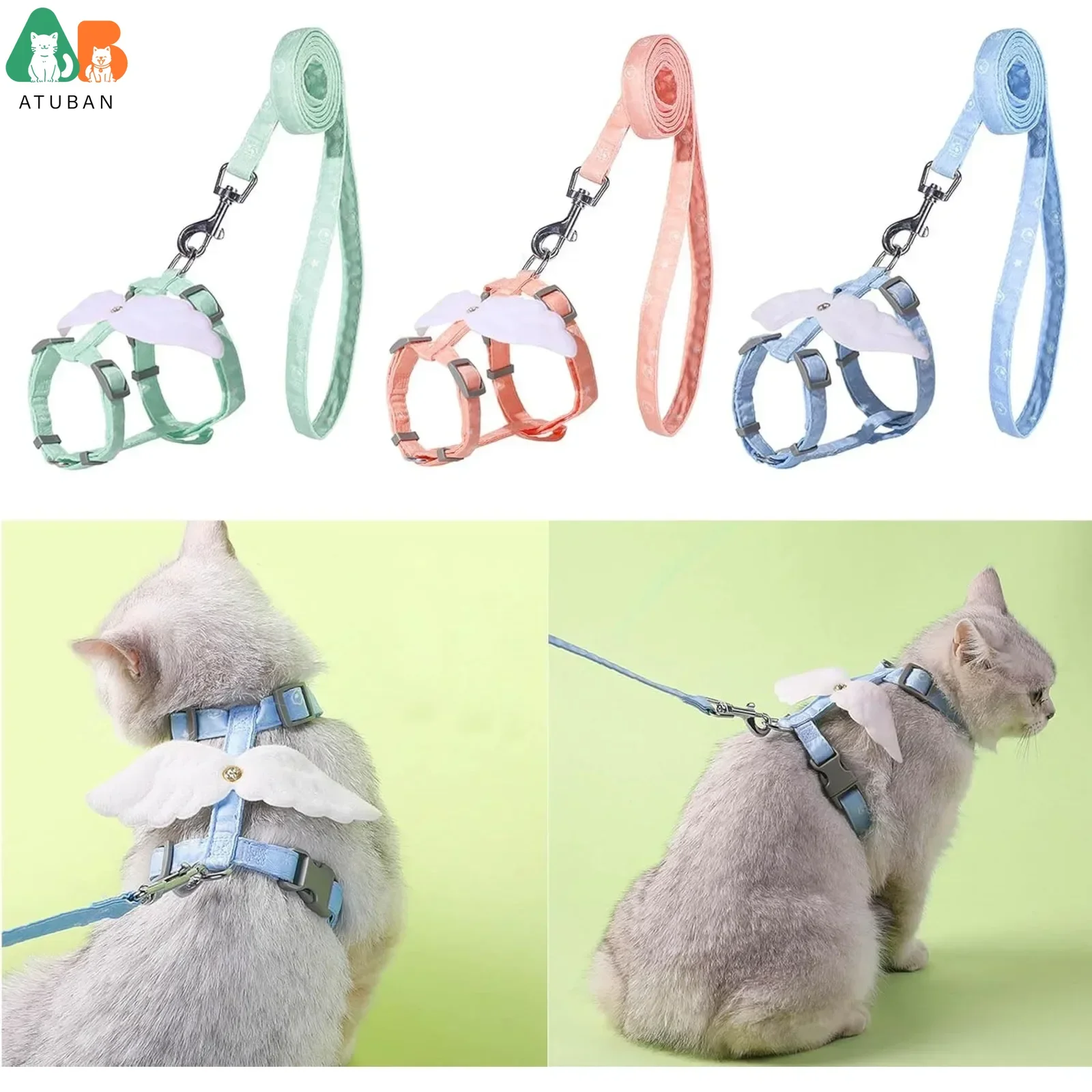 Correa ajustable para gatitos, arnés para gatos, correa para gatos, chaleco suave transpirable antiescape, adecuado para caminar al aire libre, correa para mascotas con alas de Ángel - imagen 2