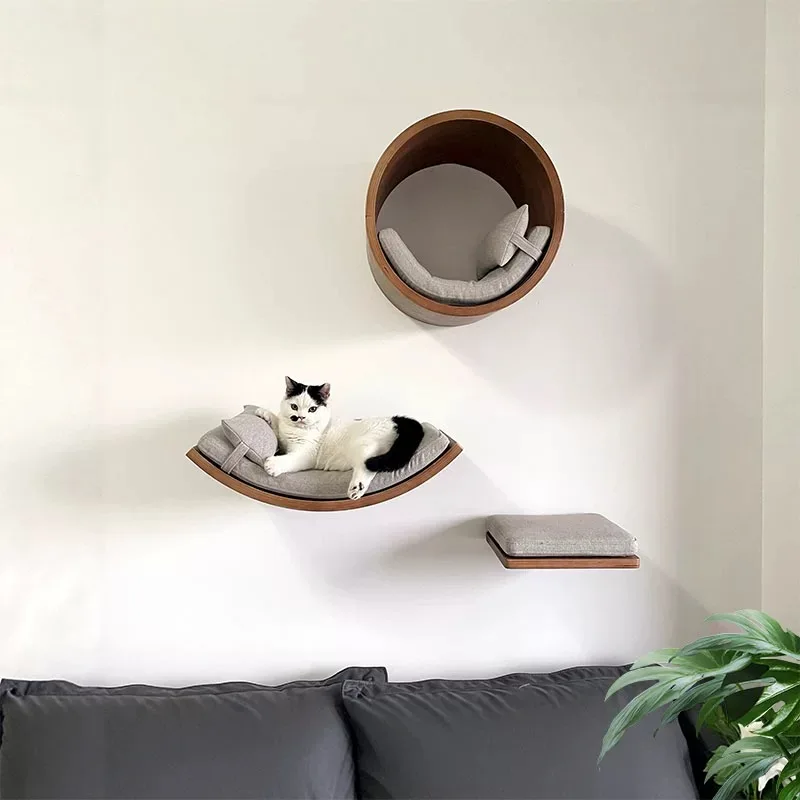 Juego de parque infantil montado en la pared para gatos con escaleras, hamaca, plataforma de salto suave y marco de escalada, torre integrada para gatos - imagen 2