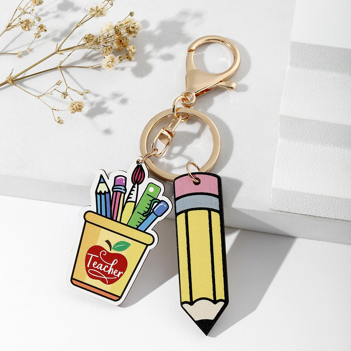 LLavero de profesor de creatividad personalizado a la moda, llavero de marca de madera con forma de bolígrafo con forma geométrica colorida de arcoíris, 1 ud. - imagen 5