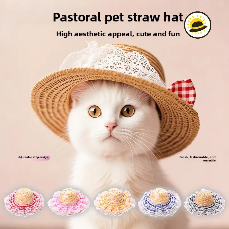 Sombrero de paja coreano Popular, sombrero de granjero de estilo extranjero, sombreros para el sol, gato mascota, divertido, Retro, bonito lazo, productos para mascotas de moda