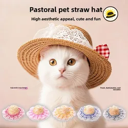 Sombrero de paja coreano Popular, sombrero de granjero de estilo extranjero, sombreros para el sol, gato mascota, divertido, Retro, bonito lazo, productos para mascotas de moda