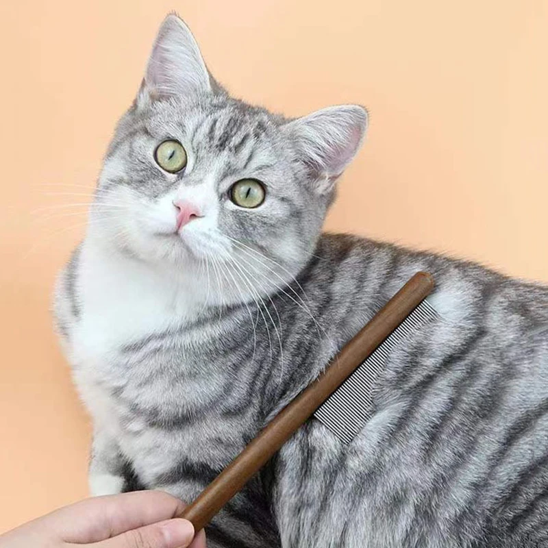 Peine para gatos de acero inoxidable, removedor de pelo para mascotas, mango de madera, peine para pelo de gato sólido, herramienta de limpieza para el cuidado de mascotas, herramientas de eliminación de pulgas y garrapatas - imagen 4
