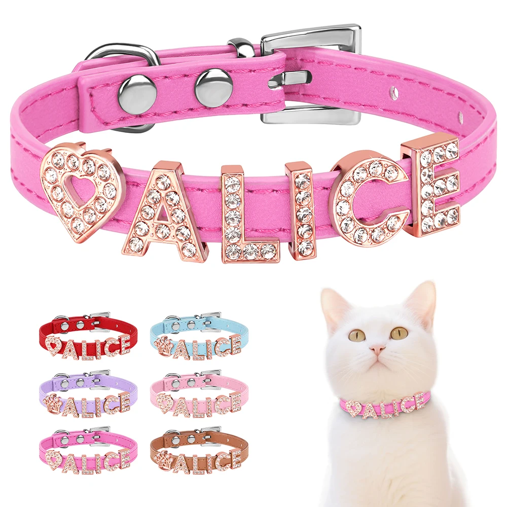 Collar de gato personalizado antipérdida, collares con nombre de gato y cachorro, letras de diamantes de imitación ostentosas, dijes de corona de pata de corazón, accesorios para mascotas rosa