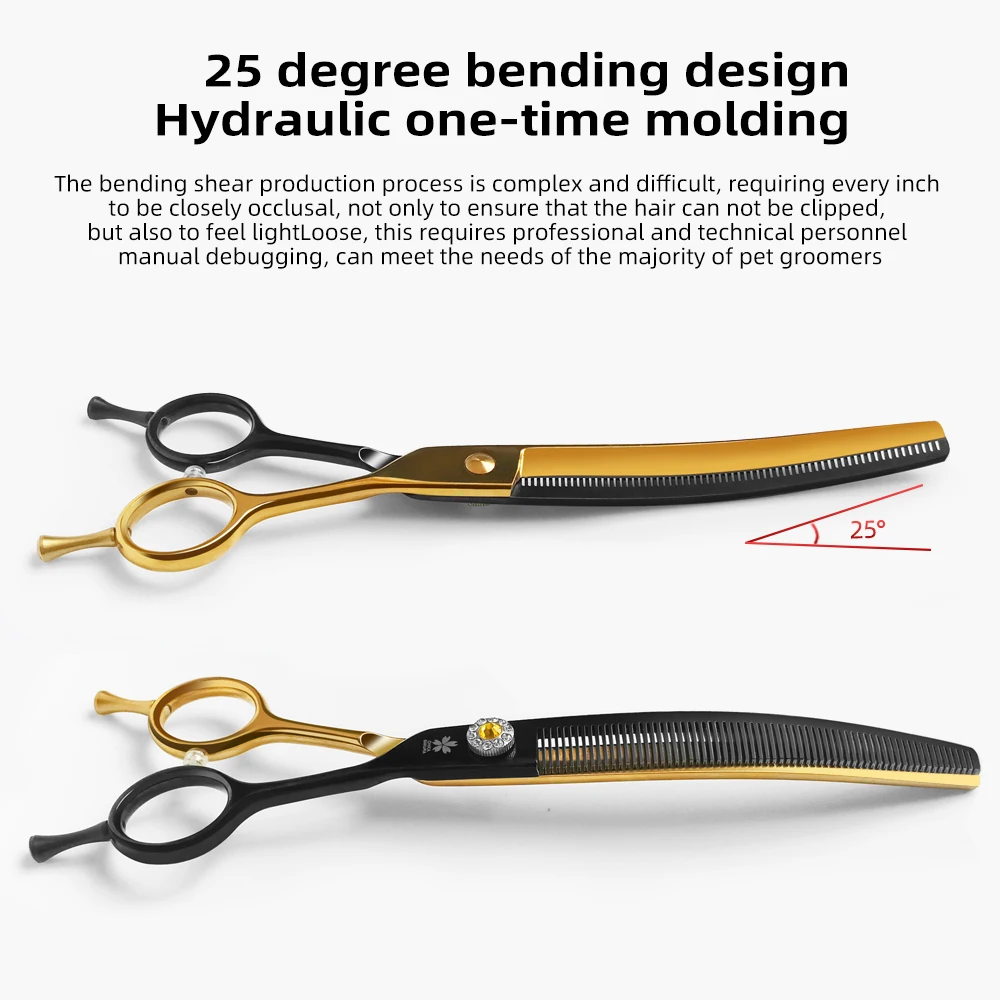 Tijeras profesionales para el cuidado de perros, 7,25 pulgadas, color negro y dorado, curvas, más finas, tijeras para perros, acero japonés 440c - imagen 3