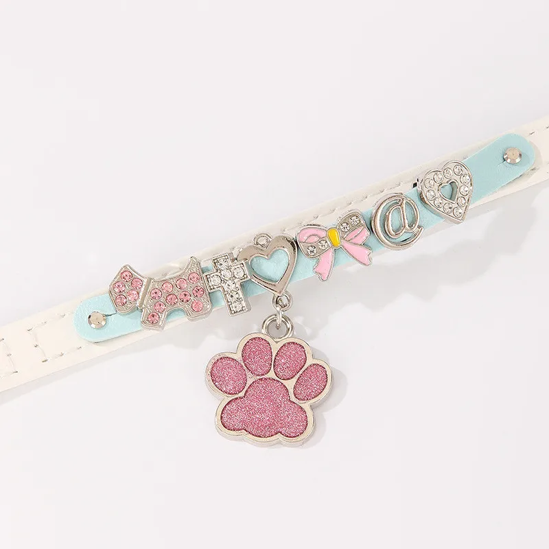 Collar de gato de PU con diamantes de imitación a la moda, Collar de hueso de corazón ostentoso para perro, accesorio de aseo para mascotas con lazo para el cuello de gato - imagen 5