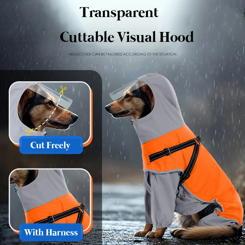 Chubasquero para perros medianos y grandes, impermeable para exteriores, chaqueta de lluvia para perros con arnés, traje de lluvia reflectante de cuerpo completo, ala Visible - imagen 4