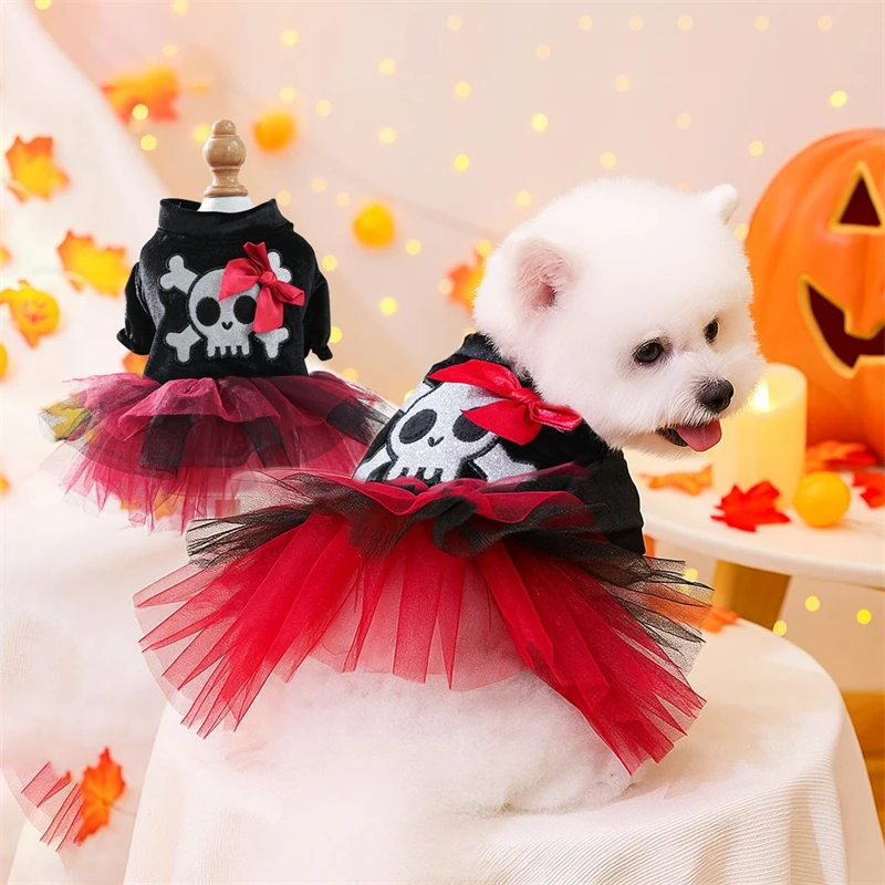 Gothic Halloween Skull Dresses for Girl Dog Layered Veils Red Pet Kitten One Piece Cosplay Pirate Festival Party York Dog Skirt - imagen 3