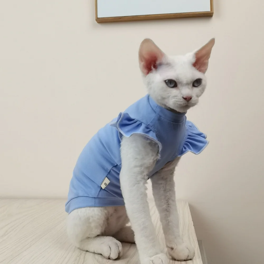 Mangas voladoras de chaleco de algodón verde para gato Sphynx en primavera verano, vestido azul dulce para gato sin pelo, pijamas suaves de rosa para gatitos. - imagen 5