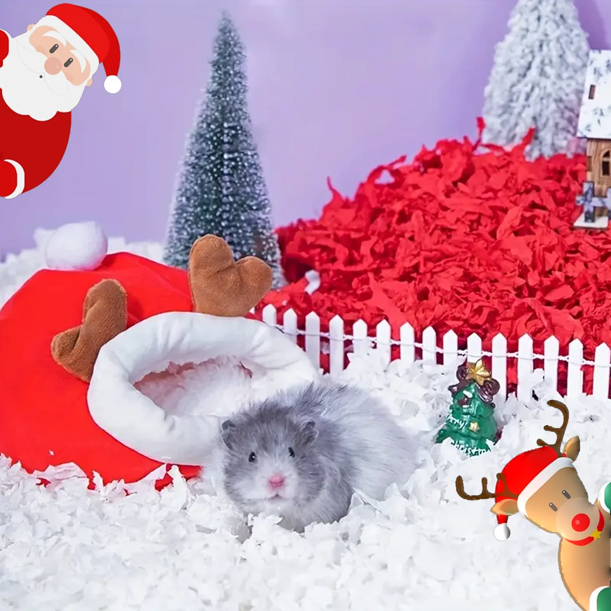 Nido cálido de hámster con diseño de astas de ciervo navideño, adecuado para animales pequeños, casa pequeña navideña con alfombrillas desmontables