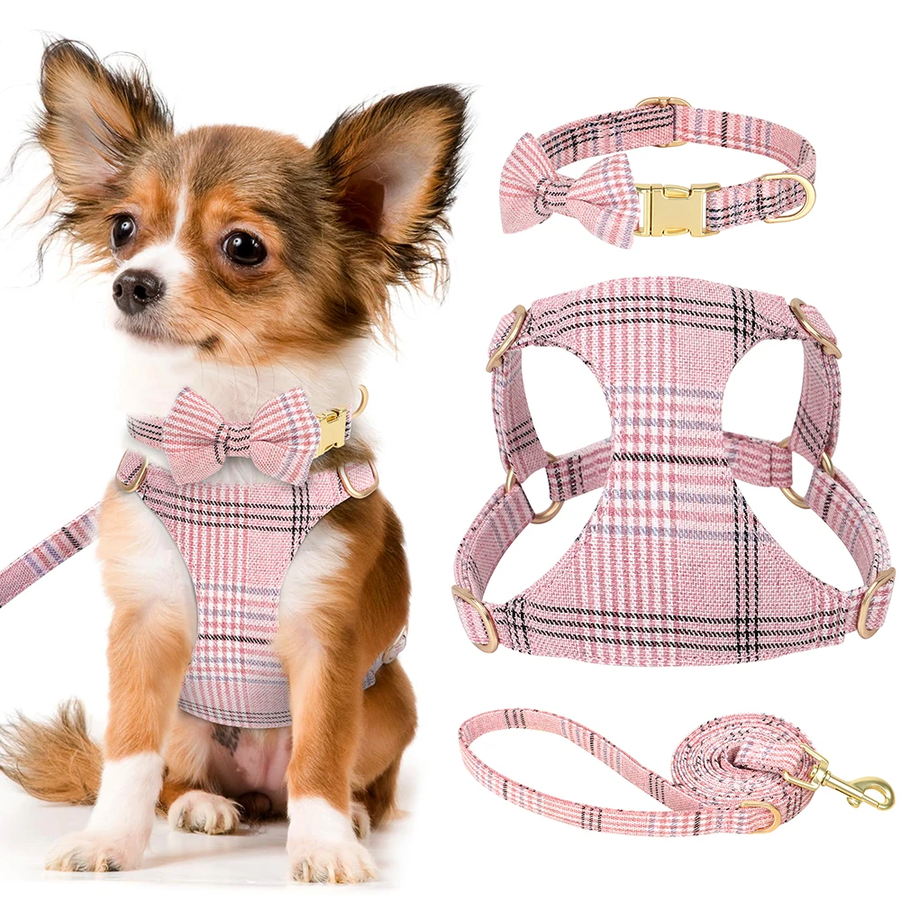 Conjunto de Collar y correa para perro, chaleco con lazo bonito para cachorro y gato, arnés con cinturón de plomo para perros pequeños y medianos, color rosa