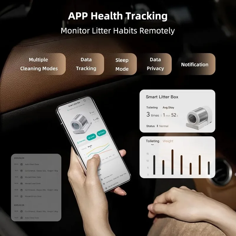 Uahpet Caja de arena para gatos autolimpiante de acero inoxidable, caja de arena para gatos automática con control por aplicación, entrada inferior, sensores de seguridad - imagen 5