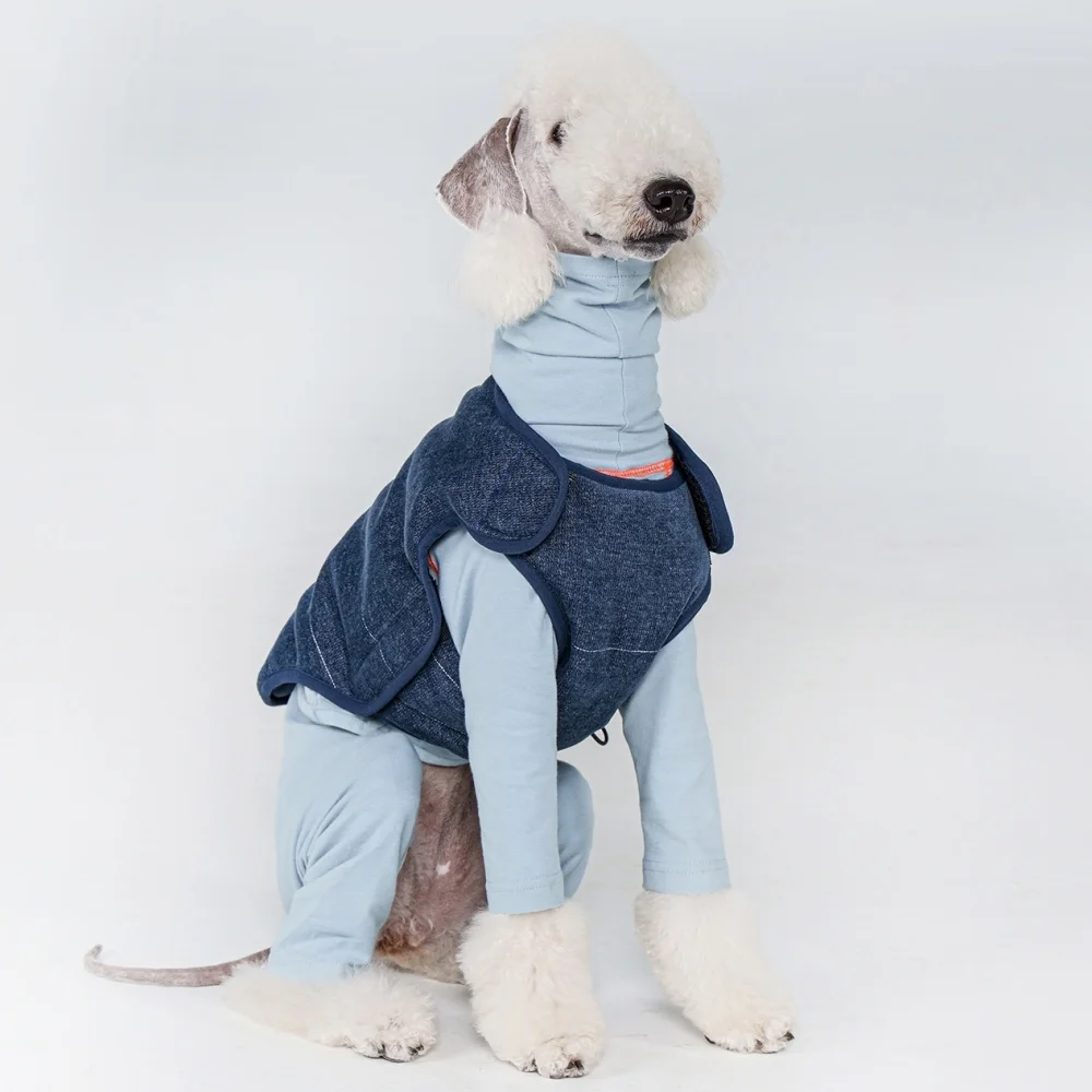 Chaleco vaquero azul grueso para perros de compañía en invierno, chaqueta amarilla ajustable con velcro de algodón cálido de estilo japonés para Whippet Bedlington - imagen 3