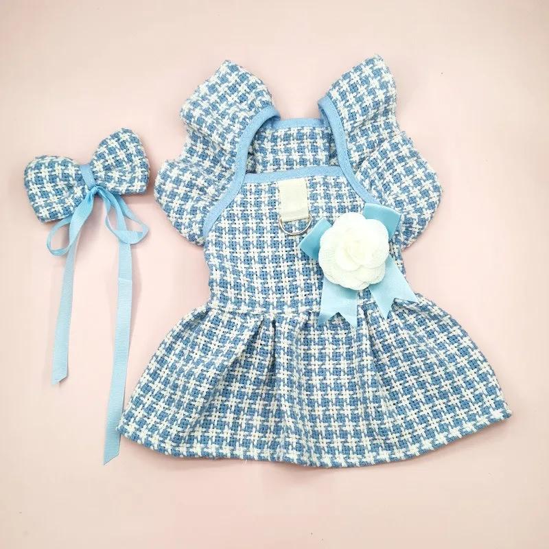 Vestido de lana para mascotas, falda con lazo, ropa para perros y gatos con flores, falda a cuadros bonita, suministros para mascotas, vestidos para perros pequeños, ropa para cachorros, falda - imagen 3