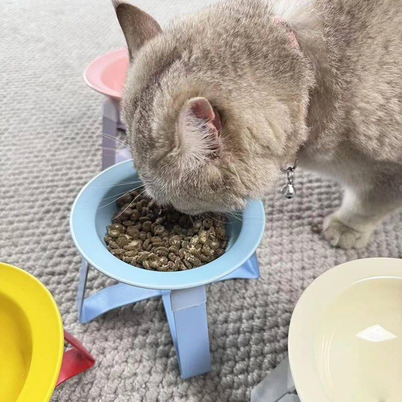 BOOTEELY-cuenco de cerámica para mascotas, marco de hierro, protección del cuello, cuenco de agua enlatado Ufo, boca alta y poco profunda, alimentación Universal para mascotas - imagen 3
