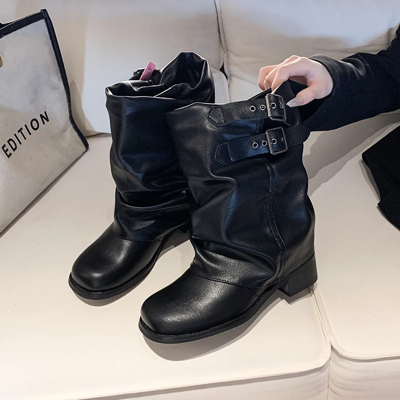 Botas Chelsea de estilo Punk para mujer, zapatos con hebilla de cinturón a la moda, botines cortos de caballero de tacón grueso para otoño e invierno - imagen 2