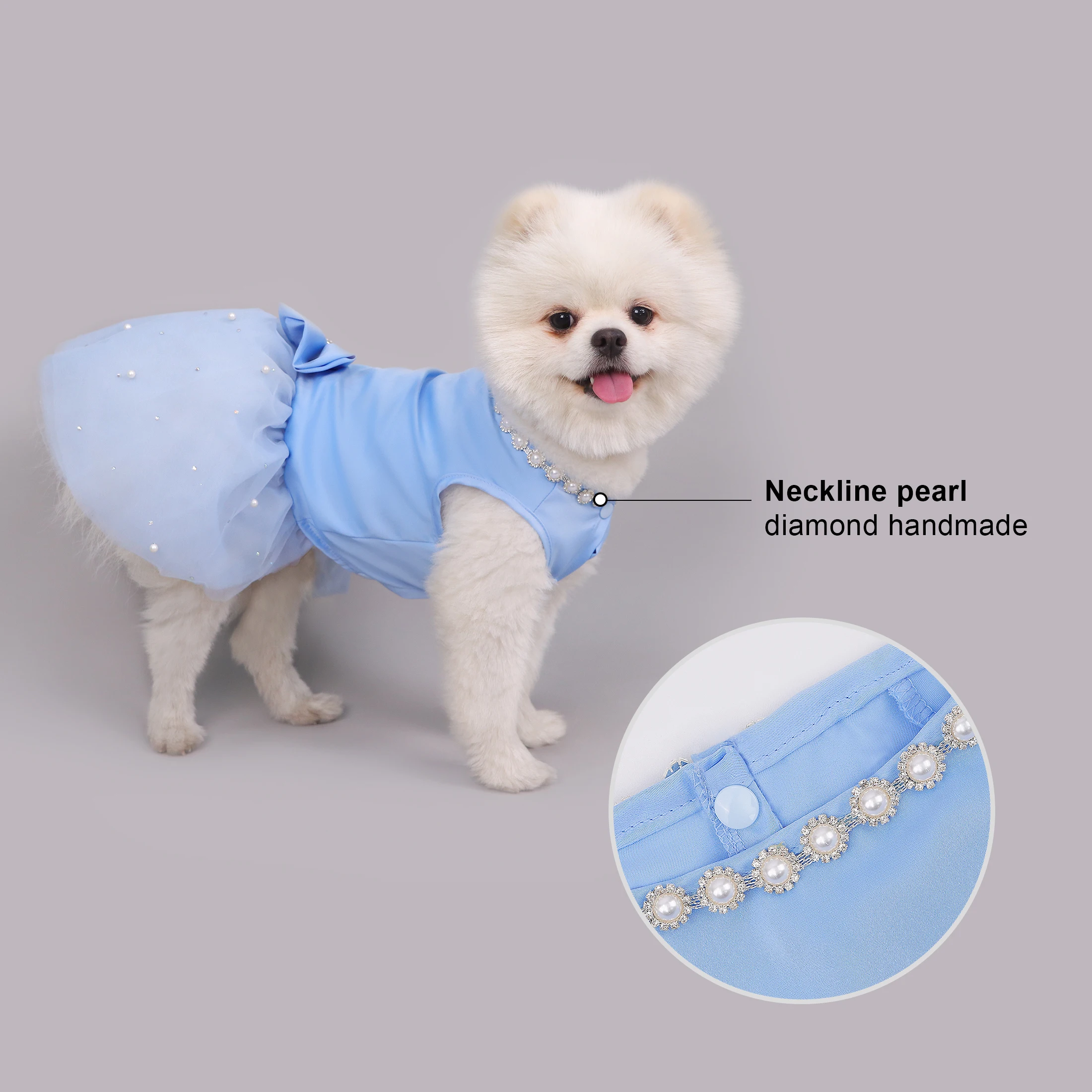 Elegante vestido azul para perro con perlas y diamantes de imitación, vestido de novia con nudo de lazo para niña y cachorro, traje para gato de San Valentín, vestido de fiesta elegante para mascotas - imagen 2