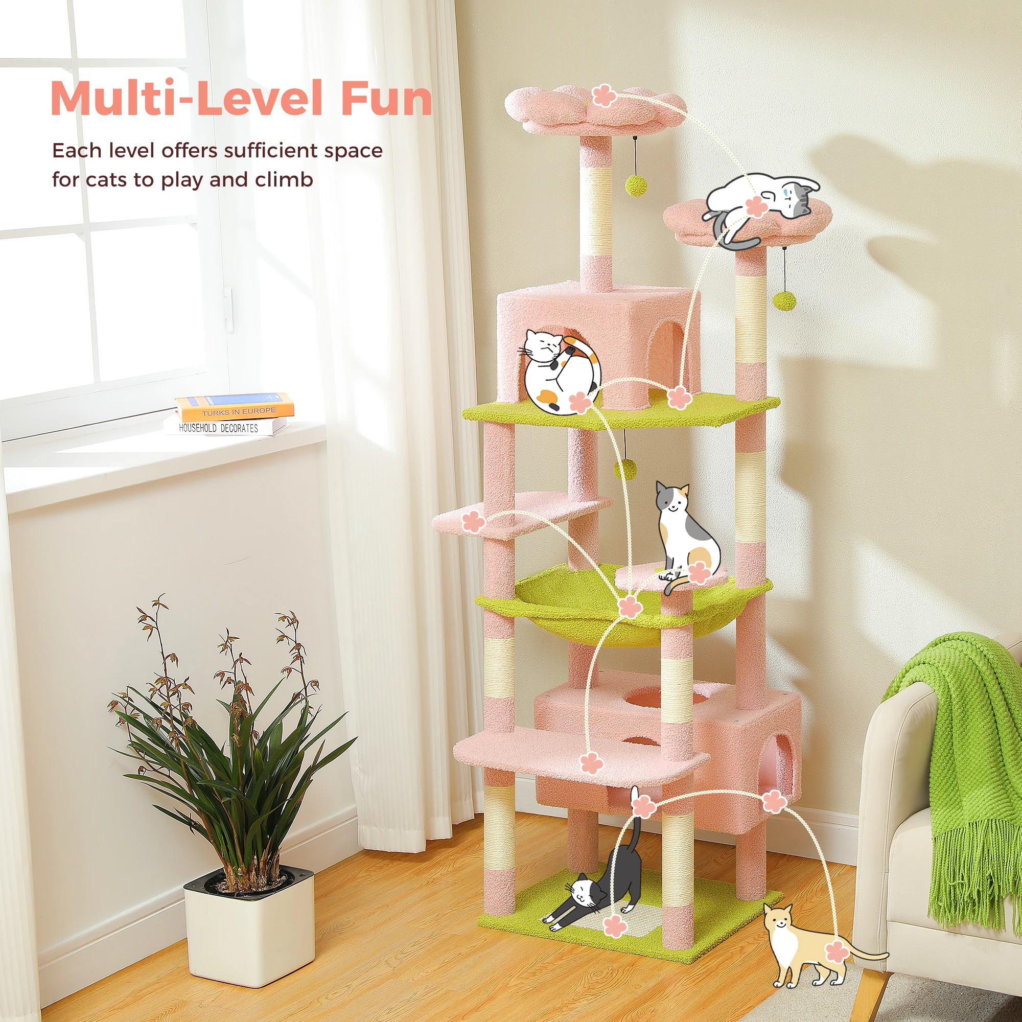 Torre grande de árbol para gatos de 184 cm para gatos de interior con postes para rascar cubiertos de sisal, hamaca espaciosa, perchas acolchadas y condominios, color rosa - imagen 2