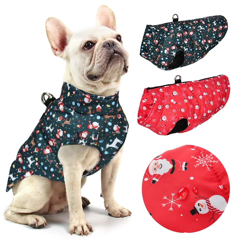 Chaqueta impermeable para mascotas para Navidad, abrigo cálido de invierno para perros pequeños y medianos, trajes de Bulldog con estampado de Papá Noel para Año Nuevo