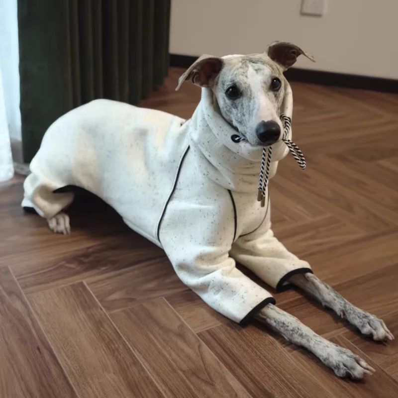 Sudadera de forro polar azul grueso para perros machos en invierno Abrigo con capucha ajustable de cuello alto de cuatro patas para galgos italianos Chaqueta blanca de manga larga para Whippet en día de nieve - imagen 4