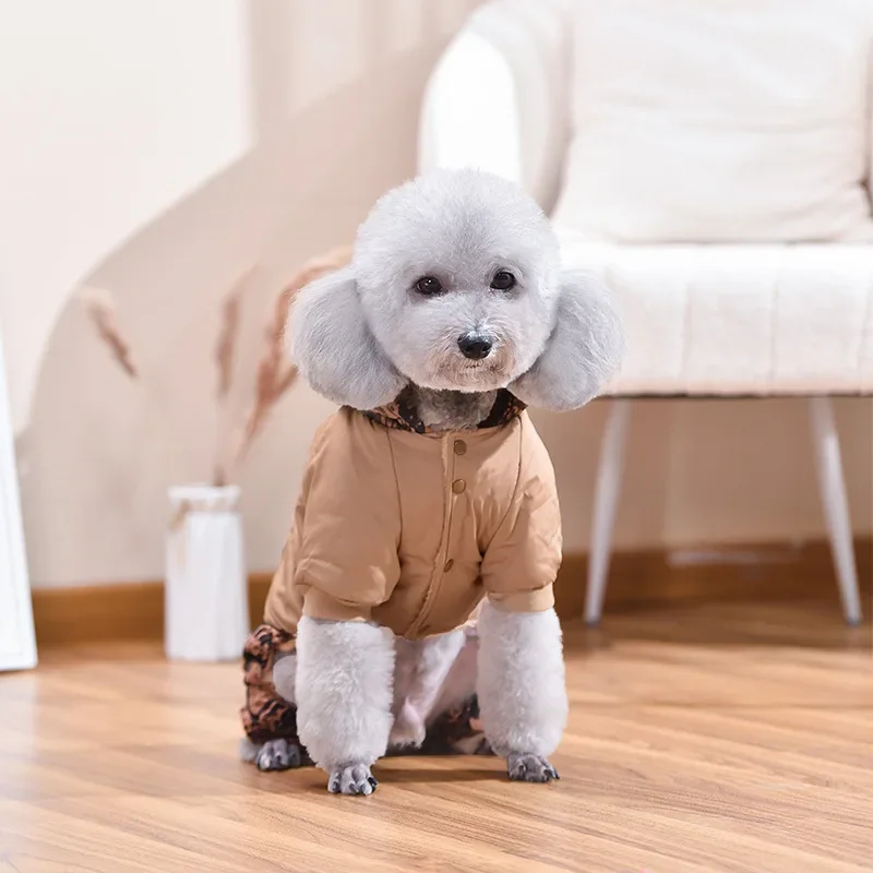 Parkas con capucha de cuatro patas para perros, mono cálido estampado de cuatro patas a prueba de viento para exteriores, ropa para perros pequeños, ropa para cachorros - imagen 4