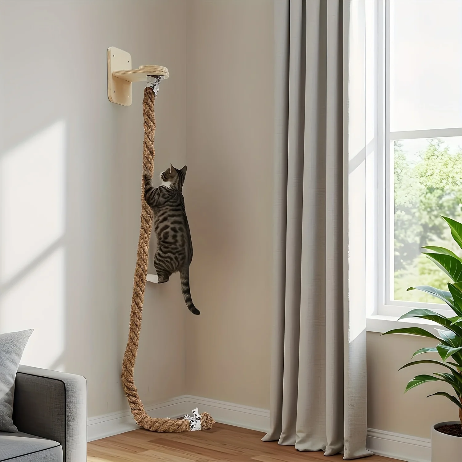 Cuerda de escalada para gatos montada en la pared, rascador de cuerda de Sisal y perchas de madera, perfecto para escalar gatos, garras y descansar - imagen 5