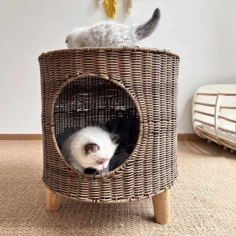 Cama para gatos tejida a mano, cama para gatos semicerrada de imitación de vid tejida, transpirable para todas las estaciones, camas para gatos suaves y ecológicas, nido para mascotas - imagen 4