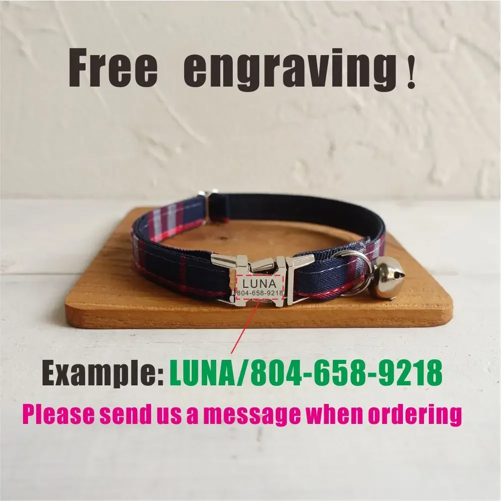 Collar de gato personalizado con campana, placa de identificación personalizada, hebilla de metal de identificación ajustable, collares de gato a cuadros morados con campana - imagen 4