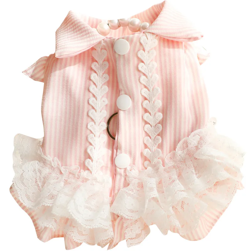Elegante vestido de princesa a rayas transpirable de primavera y verano, camisa de gato a rayas con encaje delicado, perfecto para perros pequeños - imagen 5