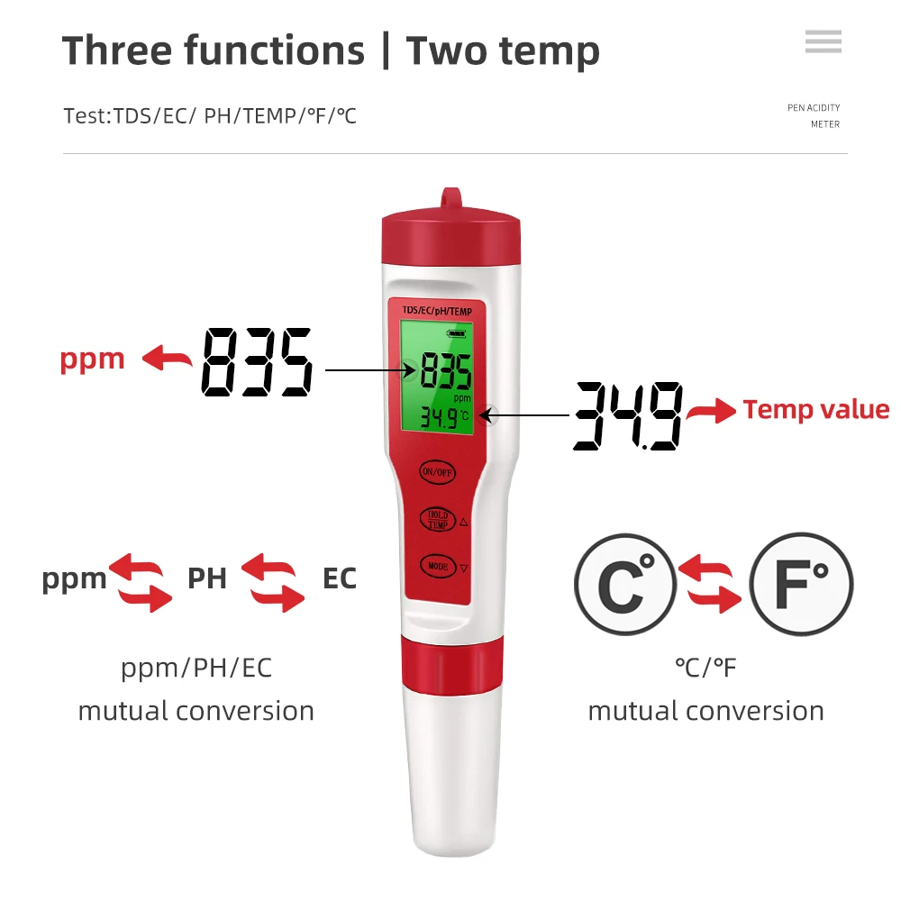 Medidor de PH impermeable PH/TDS/EC/medidor de temperatura Monitor de calidad del agua Digital probador con retroiluminación para piscinas acuarios de agua potable - imagen 2
