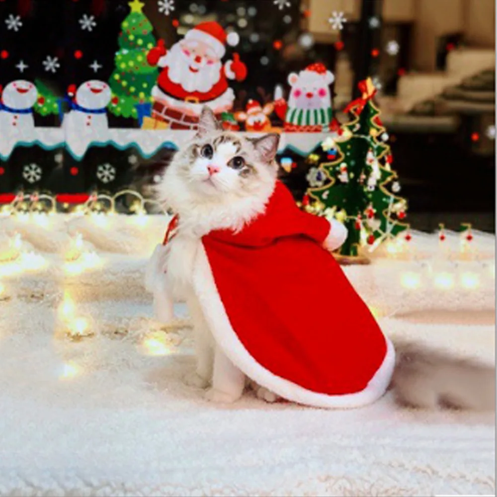 Disfraz de gato, disfraz de Papá Noel, divertido disfraz transformado para gato/perro, capa navideña para mascotas, ropa, bufanda roja, capa, accesorios de decoración - imagen 2